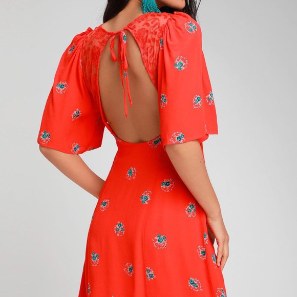 Free People Coral Red Floral Backless Mini Dress - Picture 2 of 4